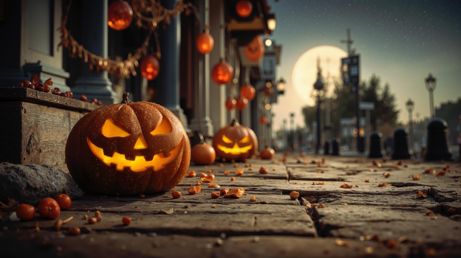 「満月に照らされた秋の街とハロウィンの彩り」の写真