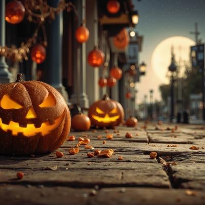 満月に照らされた秋の街とハロウィンの彩りの素材