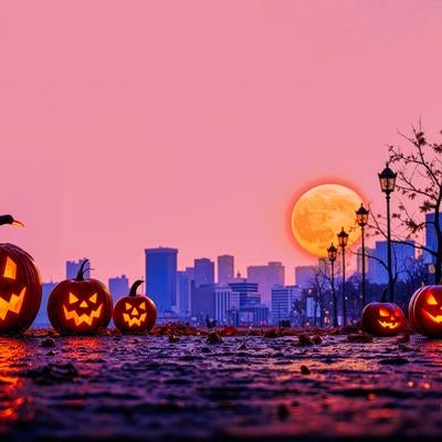 ピンク色の夕暮れと笑顔のジャック・オー・ランタンたちの写真