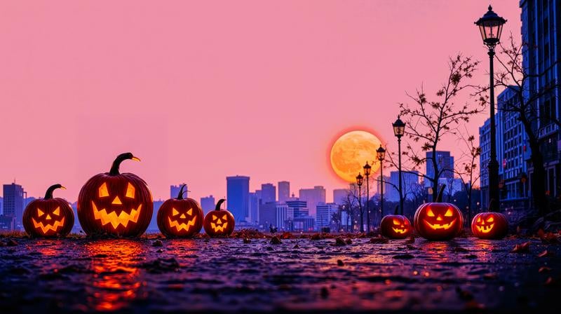 ピンク色の夕暮れと笑顔のジャック・オー・ランタンたちの写真