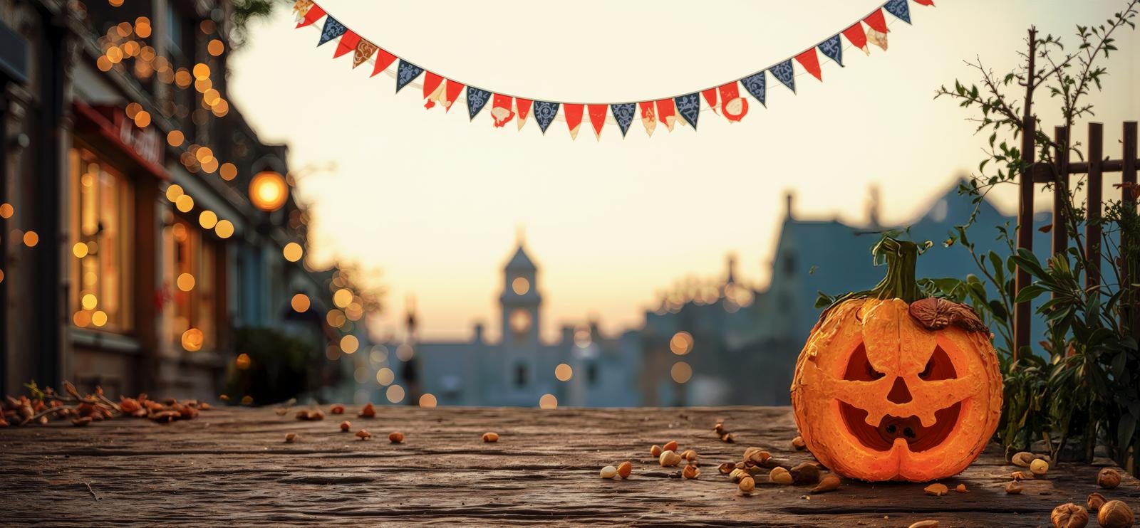 街路に吊り下げられたガーランドとハロウィンストリート photo