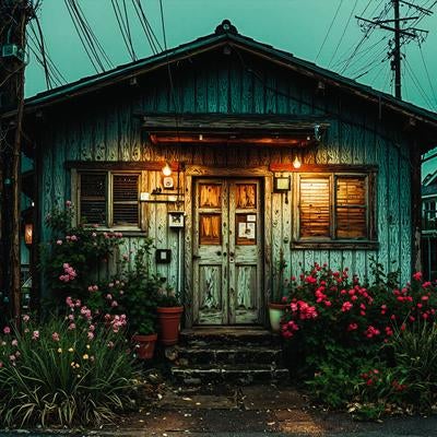 古びた木造の家屋が佇む夕暮れの町並みの写真