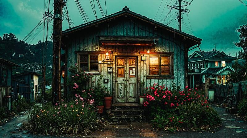 古びた木造の家屋が佇む夕暮れの町並みの写真