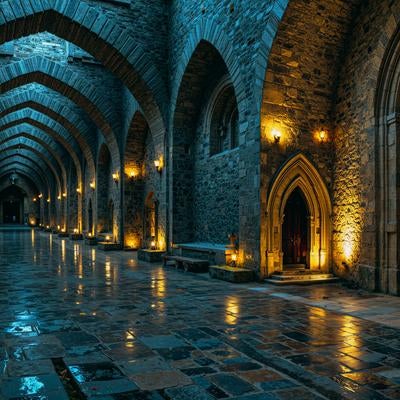 荘厳な石造りの回廊を歩む静寂な夜の写真
