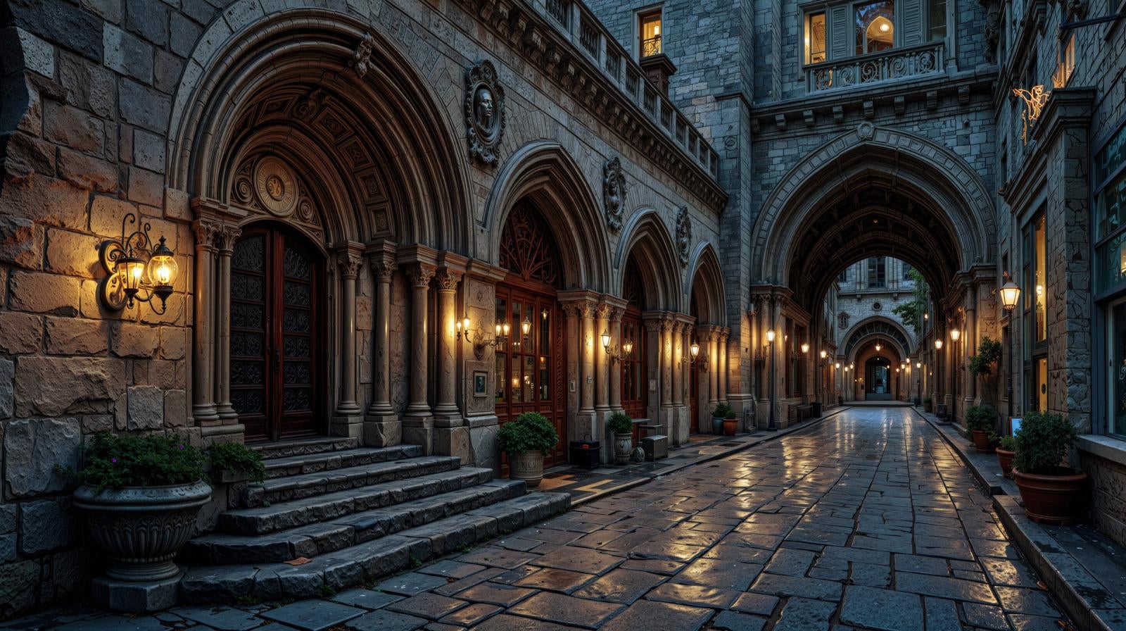 「ライトアップされた中世風石造りの回廊と重厚なアーチ構造」の写真