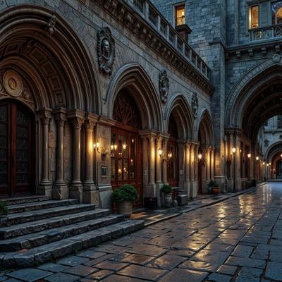 ライトアップされた中世風石造りの回廊と重厚なアーチ構造の素材