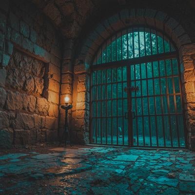 鉄格子と石壁に囲まれた静かな監房の写真