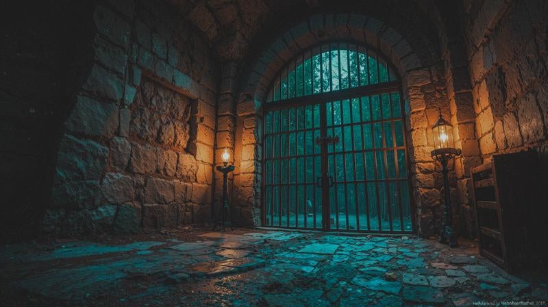 鉄格子と石壁に囲まれた静かな監房の写真