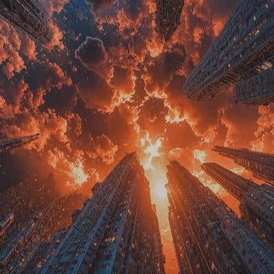 高層ビル群を見上げる夕焼け空と雲の写真