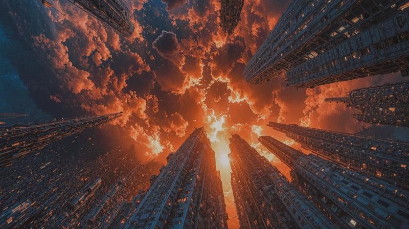 摩天楼を見上げる劇的な空の写真