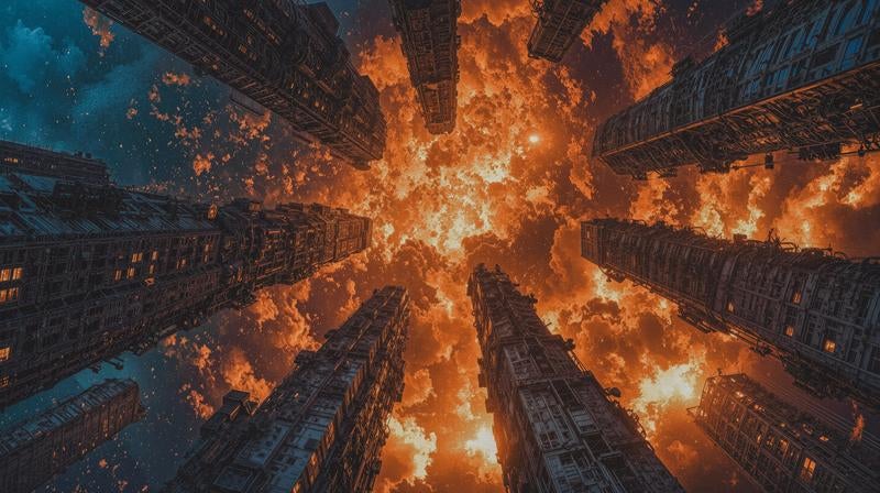 摩天楼を包み込む炎とエネルギーの写真