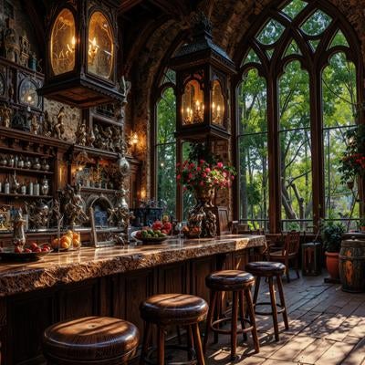 ステンドグラス窓とアンティークな調度品が融合する中世風の高級酒場の写真