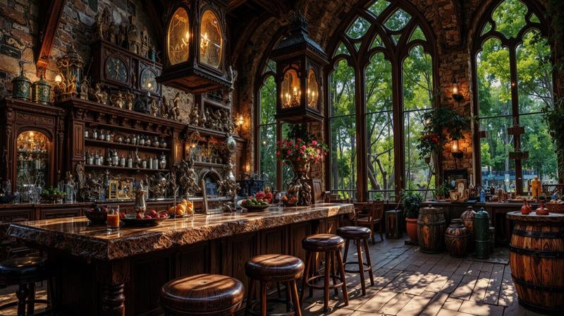 ステンドグラスとアンティークな調度品が融合する異国の酒場の写真