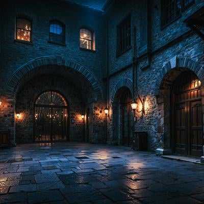 古城を彷彿とさせる夜の中庭の写真