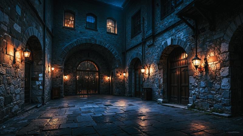 古城を彷彿とさせる夜の中庭の写真