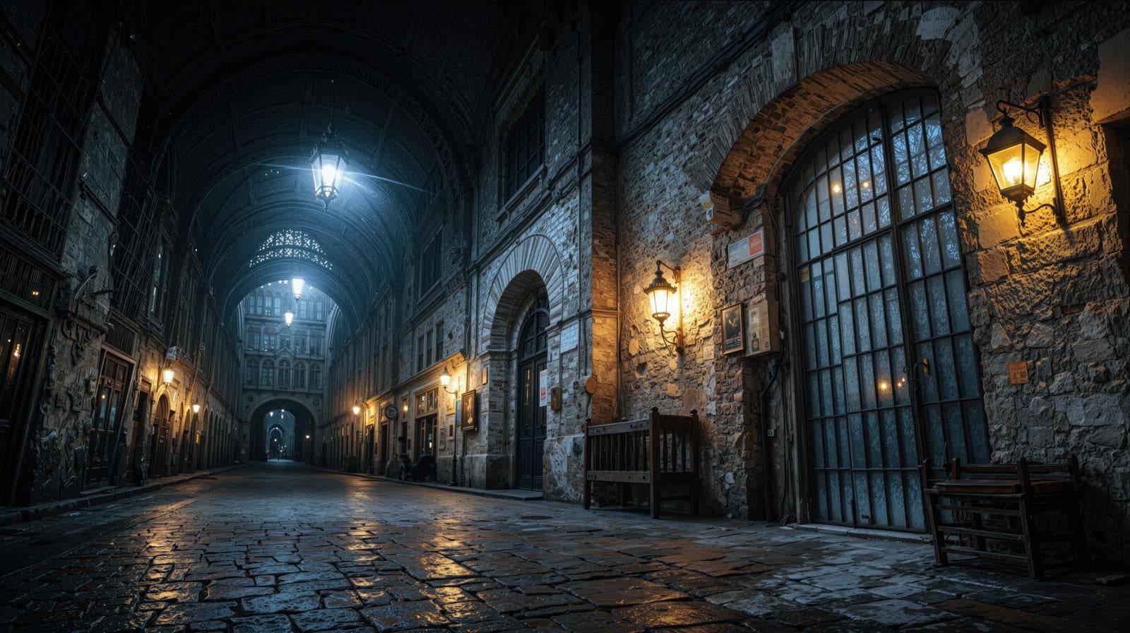 「アーチ型天井と格子窓が美しい歴史的建造物の石造り回廊内部」の写真