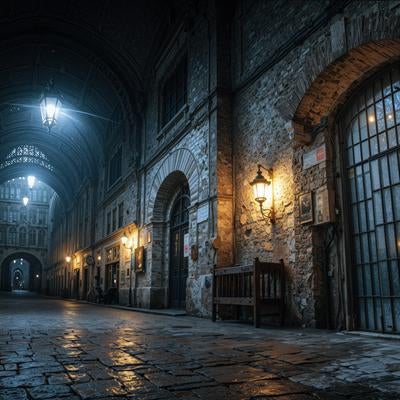 アーチ型天井と格子窓が美しい歴史的建造物の石造り回廊内部の素材