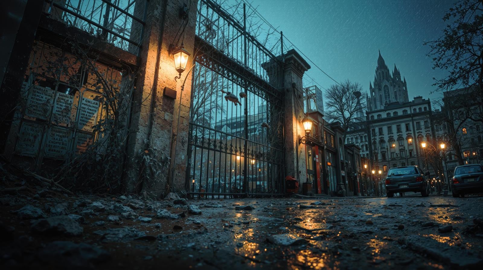 「雨に濡れた石畳が美しい黄昏時の古い街」の写真