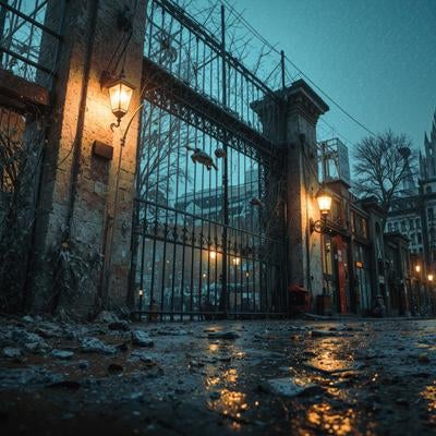 雨に濡れた石畳が美しい黄昏時の古い街の素材