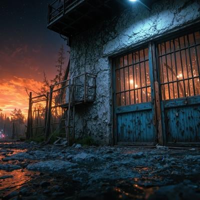 夕暮れ時に佇む廃墟風の石の家の写真