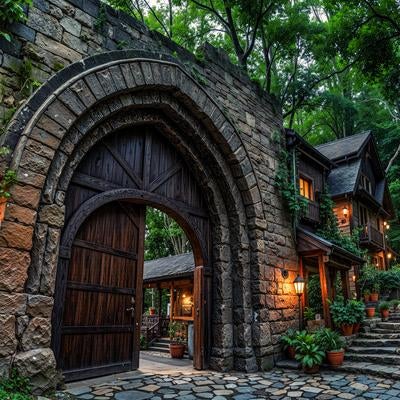 森に囲まれた石造りの門と木造コテージの家々の写真
