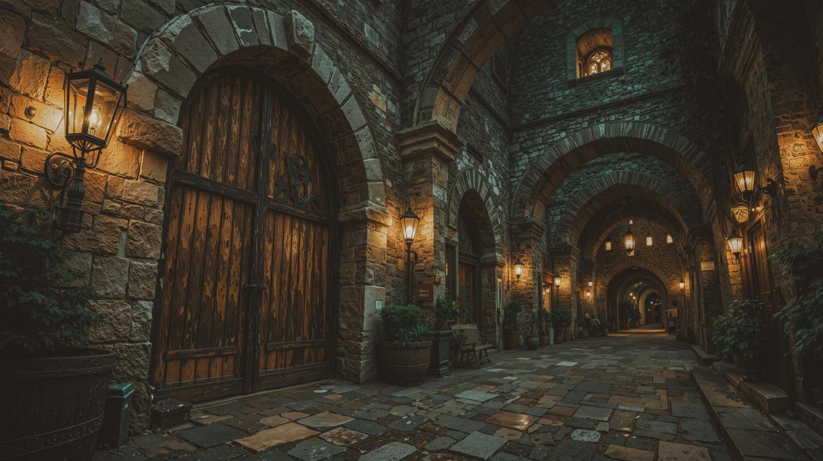 「石畳とランプが照らすヨーロッパ風回廊の夜」の写真