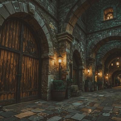 石畳とランプが照らすヨーロッパ風回廊の夜の写真