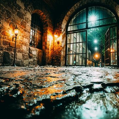 雨に濡れた石畳と広がる城門の写真