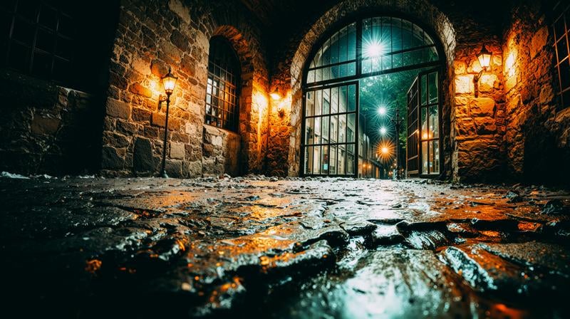 雨に濡れた石畳と広がる城門の写真