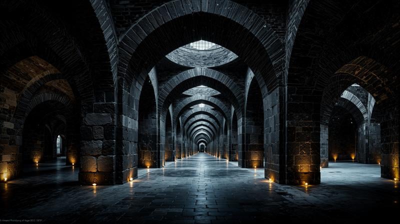 静寂に包まれる謎の石造アーチ回廊の写真