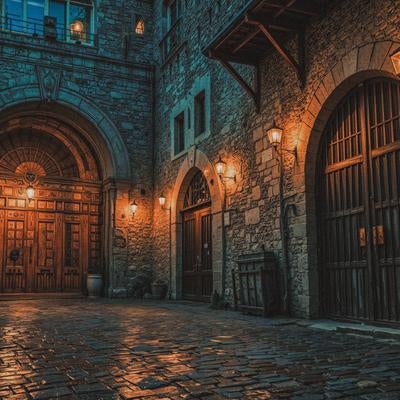 石造りのアーチとアンティークな木扉の写真