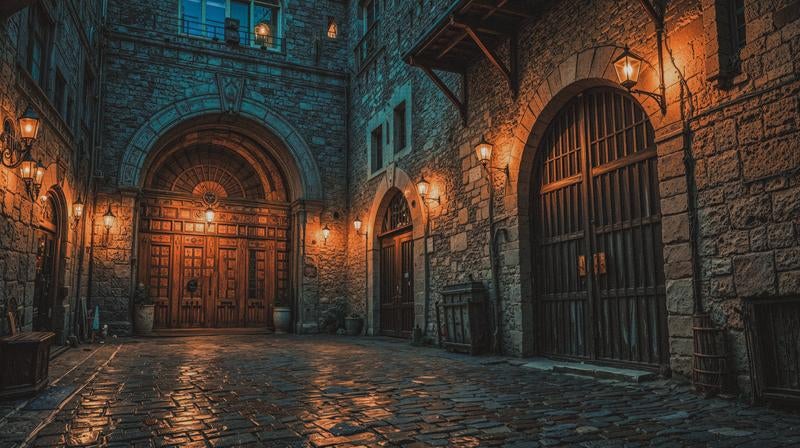 石造りのアーチとアンティークな木扉の写真