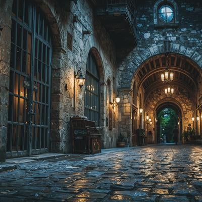 ランプが温かく照らす西洋風石造回廊の写真