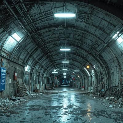 工事が中断されたままの地下施設内部のアーチ型構造物の写真