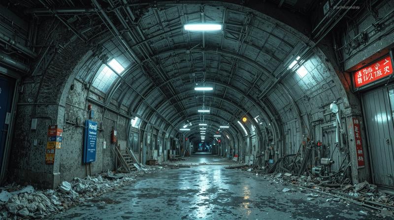 工事が中断されたままの地下施設内部のアーチ型構造物の写真