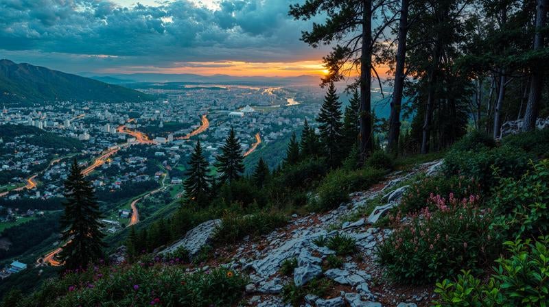 森の中の登山道と眼下に広がる都市の街並みの写真
