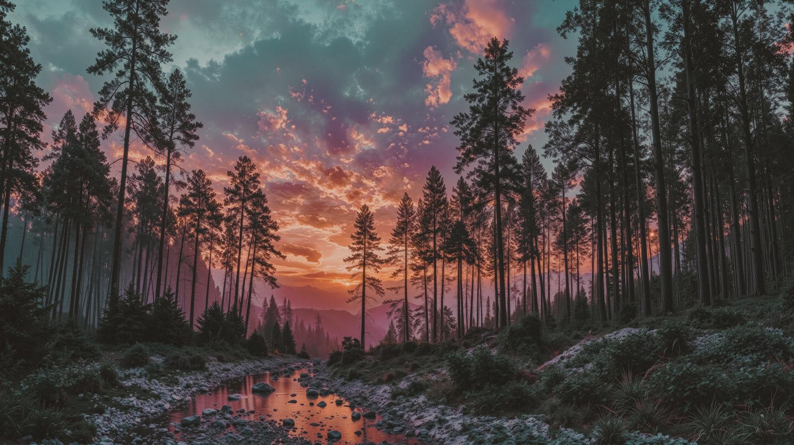 「赤紫に染まる林と夕焼けの小川」の写真