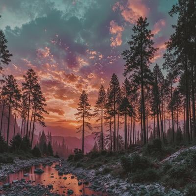 赤紫に染まる林と夕焼けの小川の写真