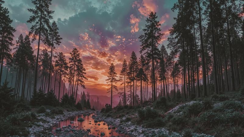 赤紫に染まる林と夕焼けの小川の写真