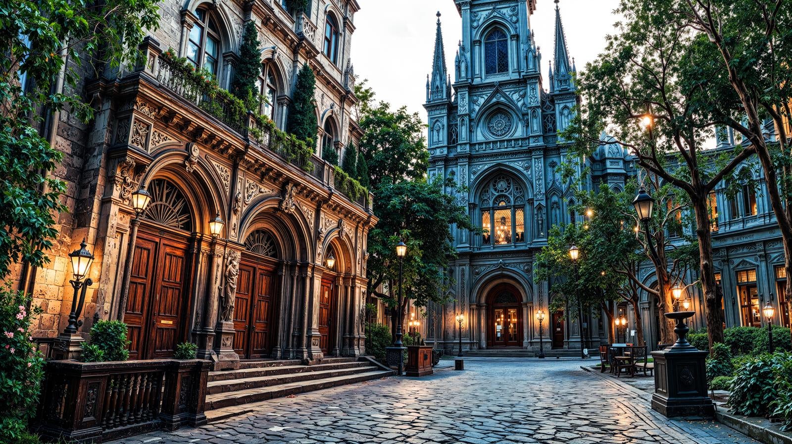 「彫刻が施された石造ファサードと大聖堂」の写真