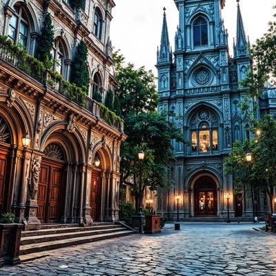 彫刻が施された石造ファサードと大聖堂の写真