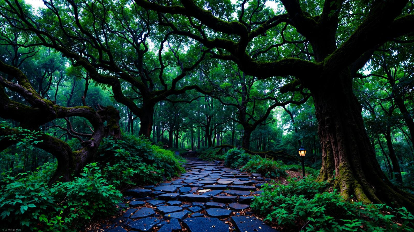 「太い樹木と木漏れ日が差し込む散策路」の写真