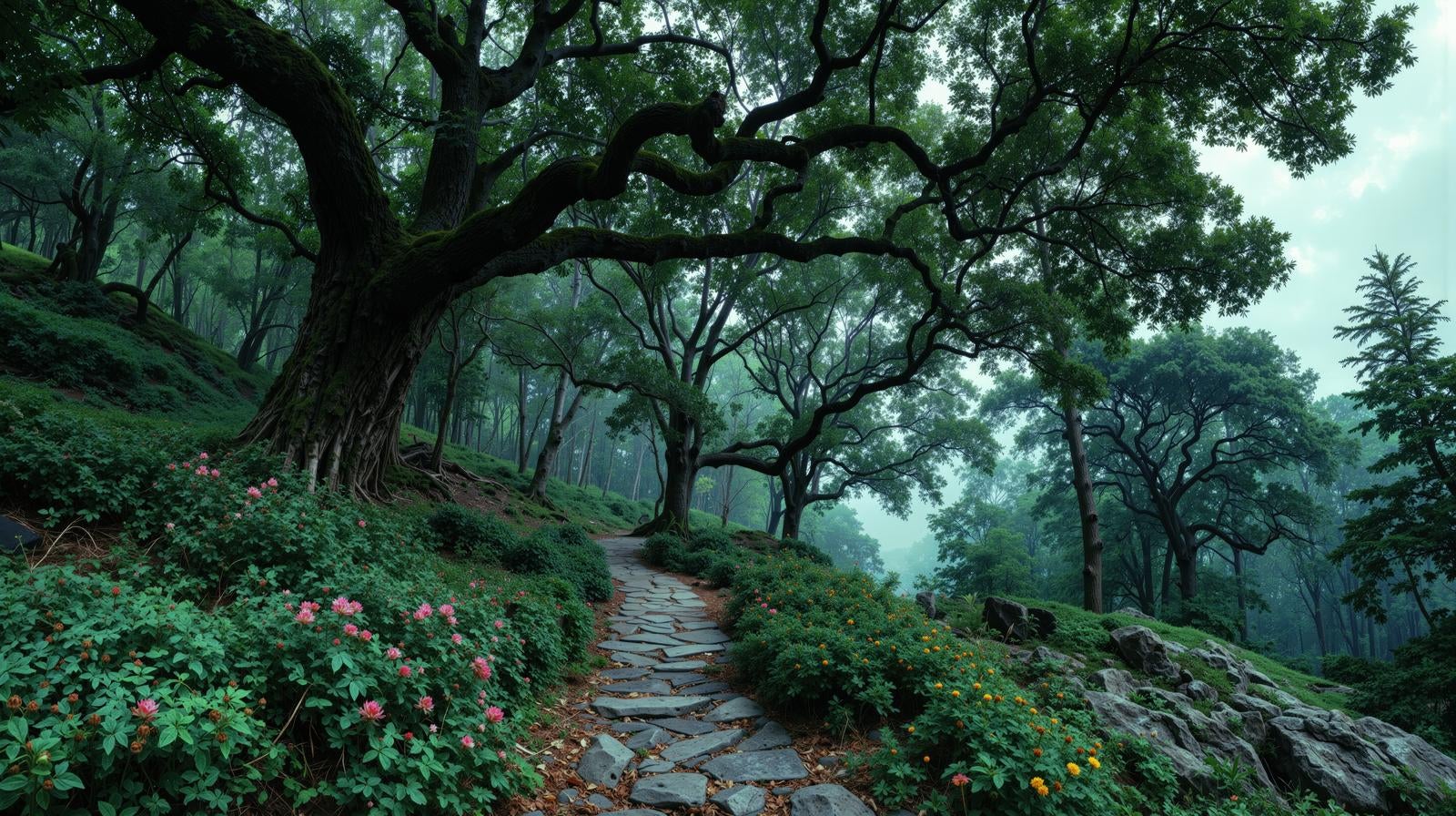 「緑豊かな山道の石段と古木」の写真