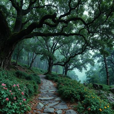 緑豊かな山道の石段と古木の写真