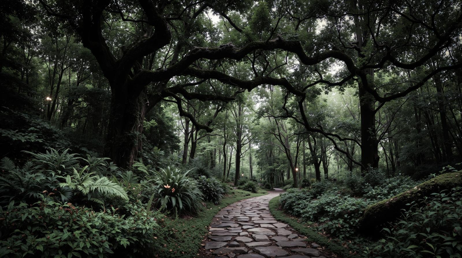 「森の中で曲線を描く石畳の小道」の写真