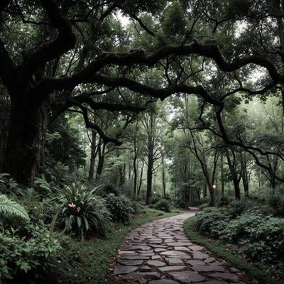 森の中を曲がりくねって続く石畳の小道の写真