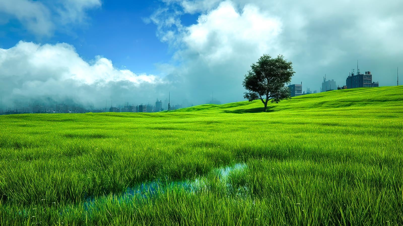 「緑あふれる草原と雲に沈む都市」の写真