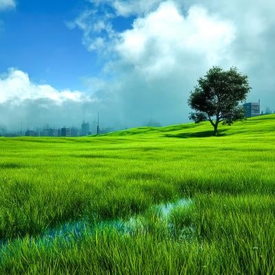 緑あふれる草原と雲に沈む都市の素材
