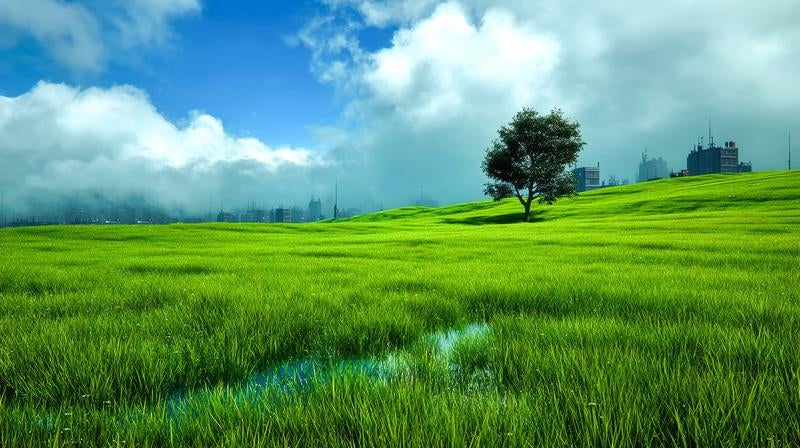 緑あふれる草原と雲に沈む都市の写真