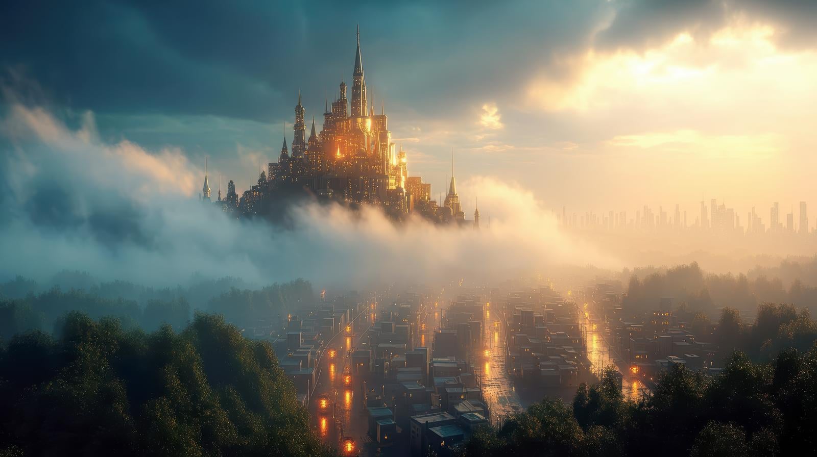 「幻想的な雲に包まれた荘厳な城」の写真